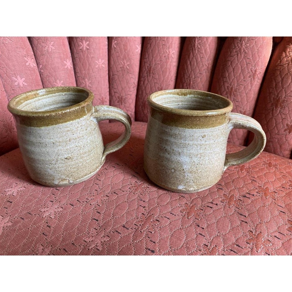 Two handmade ceramic mugs beige brown speckled glaze 8 oz signed 1978 Pam Olson